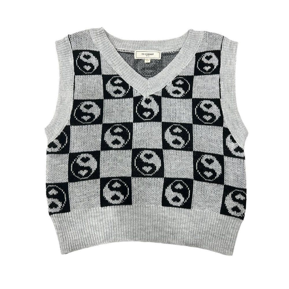 No Comment NY-LA Size‎ L Ying Yang Sweater Vest Gray Black Juniors